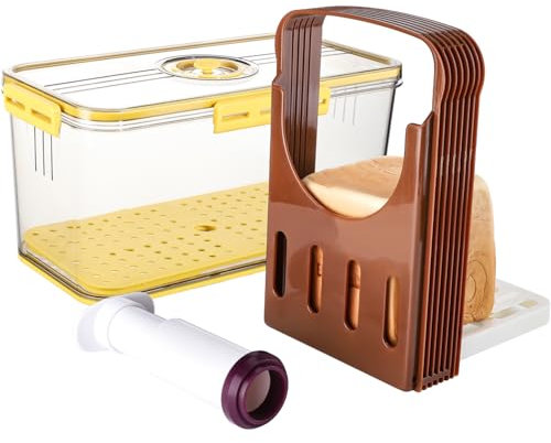 Bread Box for Kitchen Countertop with Bread Slicer, Time Recording Bread Storage Container with Lid Airtight, Bread Box Container with Vacuum Pump, Bread Bin for Homemade Bread, Bagel, Toast (YELLOW)