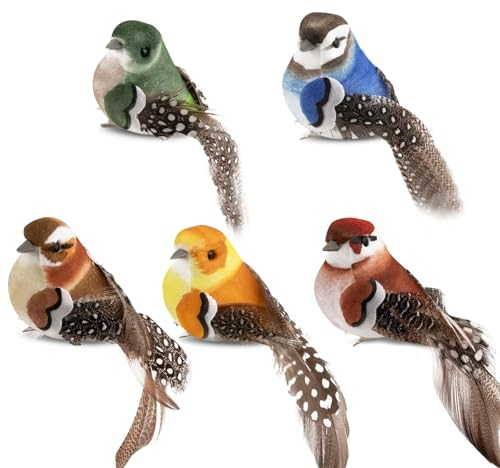 JRYGAC 5 Stück Vogel Deko, Deko Vögel mit Clip, Deko Vogel Bunt, Vogel Deko Figuren, Mini Künstliche Vögel mit Clip, Deko Vögel mit Federn, für Garten Frühling Deko Party Dekoration