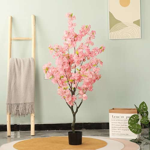 EXCLURA Kunstbaum Künstlicher Baum mit Rosa Kirschblüten, Lebensechter Künstlicher Seidenbaum mit Topf, Champagnerfarbener Kirschblüten- und Rosa Künstlicher Sakura-Blumenbaum(Pink,140cm(55 1/8))
