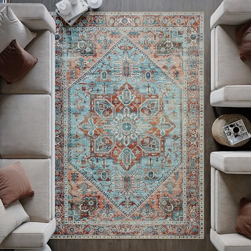 artyrugs Machine Washable Rug, 200x290cm, 75% Recycled Cotton, Short Pile, Non-Slip Backing, Non-Shedding, Suitable for Bedroom, Kitchen, Hallway, Office, Large, Cyan Blue & Salmon