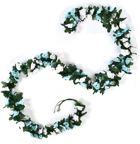 JYJLLM Ghirlanda di fiori artificiali, 45 rose finte rampicanti artificiali per decorazioni, arco floreale con design realistico per casa, giardino, interno/esterno (bianco blu)