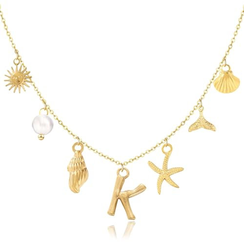 HAYOUWAY Shell Letter Necklace Gold Kette mit Buchstaben Halskette Anhänger, K