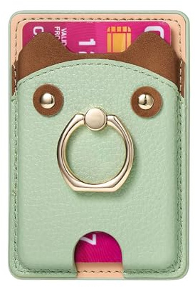 COQUE Porte-Cartes à Motif d'ours Litchi avec Anneau de Support, adapté aux séries iPhone 15/14/13/12,Portefeuille Universel en Cuir pour téléphone, Porte-Cartes pouvant contenir 5 Cartes-Vert
