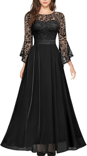 MISSMAY Women's Vintage Scoop Neck Lace Bell Sleeves Chiffon Prom Bridesmaids Party Gown Formal Long Dress (Large, Black)