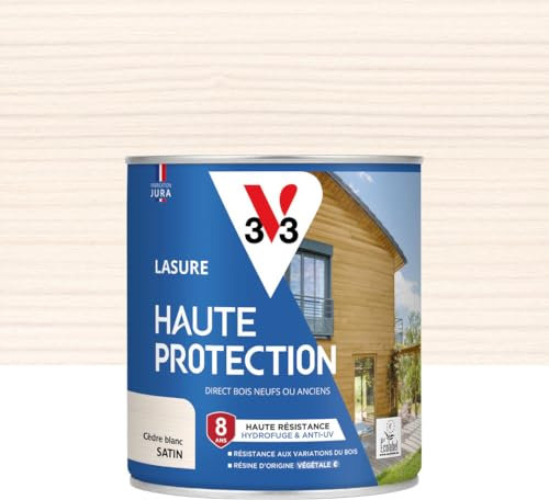 V33 Lasure Bois extérieur Cèdre blanc satin - Haute Protection 8 ans - Haute résistance hydrofuge et anti-UV - Résiste aux variations du bois - Ecolabel, résine d'origine végétale - 0,75L