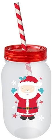Widdle Gifts Christmas Mason Jar and Straw - Re-useable Sturdy Plastic Childrens Mason Jar with Re-useable Straw - Santa 5576
