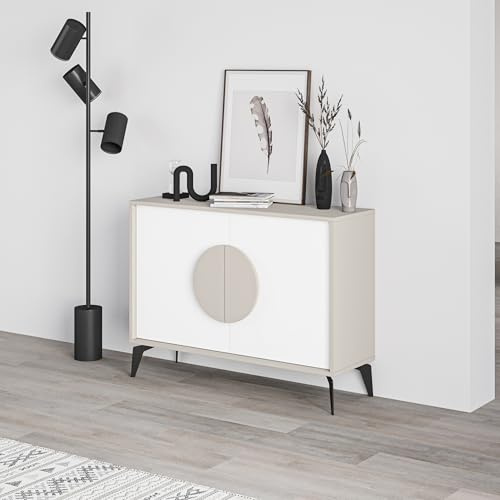 HOCUS PICUS Modern Console Sideboard 2 Door Cupboard Unit, 110(W) cm Sideboard Buffet Storage Cabinet Furniture with Metal Legs for Living Room, Dining Room (Sandstone, White)