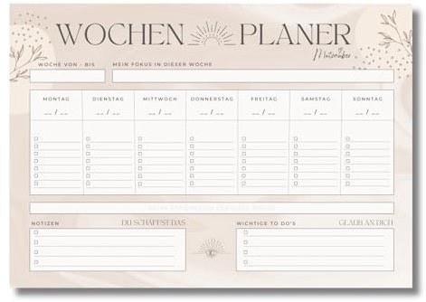 Mutzauber® Schreibtischunterlage A3 im Boho Stil - Wochenplaner 50 Blatt, undatiert, mit Affirmationsfeld & Fokusfeld - Extra starkes Papier (120 g/m²) für Achtsamkeit & Mindfulness Homeoffice & Büro