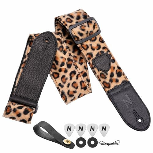 Nefelibata Gitarrengurt,Doppeltes Vollnarbenleder,Vintage Velvet Strap/FREE BONUS-4 Plektren+Strap Locks+Strap Button,Geschenk für Bass,Elektro&Akustik Gitarren(Kleinschrift Leopard)