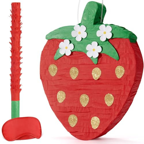 Wernnsai Erdbeer Pinata – Erdbeer Geburtstag Pinata Deko Mädchen Kinder Obst Piñata mit Stock Augenbinde Rot Geburtstagsparty Dekoration Gefüllt Piñata Lustig Party Spiel 41,9 x 29,4 x 7,6 cm