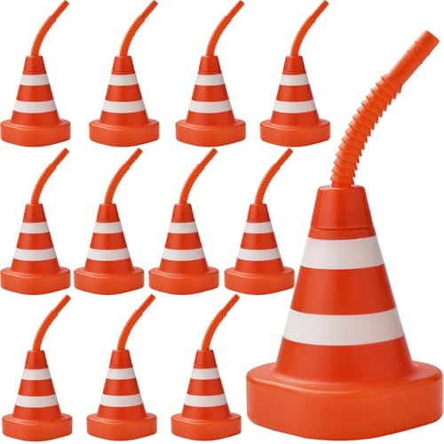 VITEVER 12 Pack Party Cups with Straws, 10 oz Construction Cone Cups Set for Construction Traffic Theme Racing Car Birthday Party Supplies