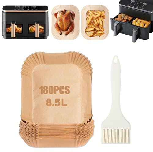 Ominelu 180 hojas de papel para hornear Airfryer con pincel de aceite, compatible con Cosori Dual Zone 8,5 L, Cookwise 9L y freidoras de aire caliente de 2 cámaras, antiadherentes, resistentes al