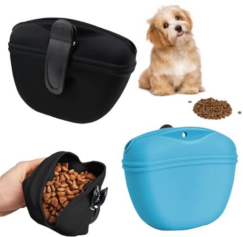 WPNCYK 2 Pcs Dog Treat Pouch, Treat Pouch For Dog Training, Treat Pouch, Silicone Dog Treat Pouch, Magnetic Silicone Dog Food Bags For Taking Pets For Walking And Outdoor Training(Black And Blue)