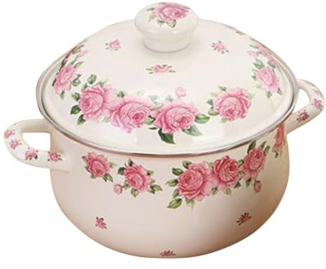 Mikinona Olla de Cocina Vintage con Esmalte Floral de Cuartos Cacerola con Asa Doble para Comidas Cocina de Gas Inducción