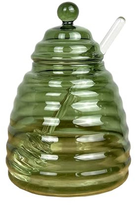 Alfie Francis 14cm Tall Green Glass Honey Pot with Clear Glass Drizzler/Dipper Decorative Kitchen Storage Jar Holder Serving Dish