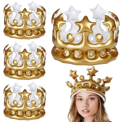 MFCGHXR Aufblasbare Krone Set 4 Stück – Geburtstagskrone für Erwachsene und Kinder – Ø 22cm Höhe 16cm – Goldene Königskrone & Königin-Krone für Party, Halloween, Abschluss, Foto-Requisite