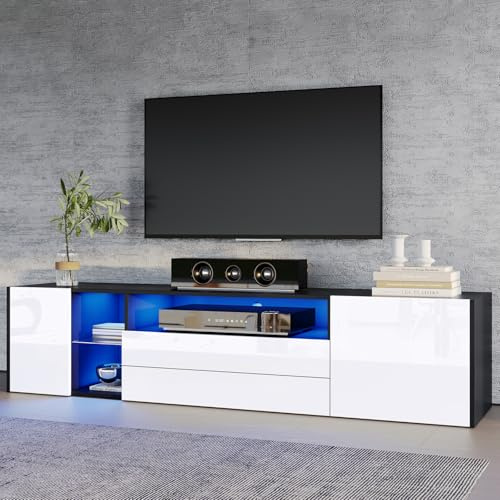 OLIVIBED Mobile porta TV lucido con ante e cassetti, supporto TV per televisori fino a 75 pollici, mobile porta TV con ripiani in vetro, per soggiorno, camera da letto, bianco e nero, 180 x 40 x 45 cm