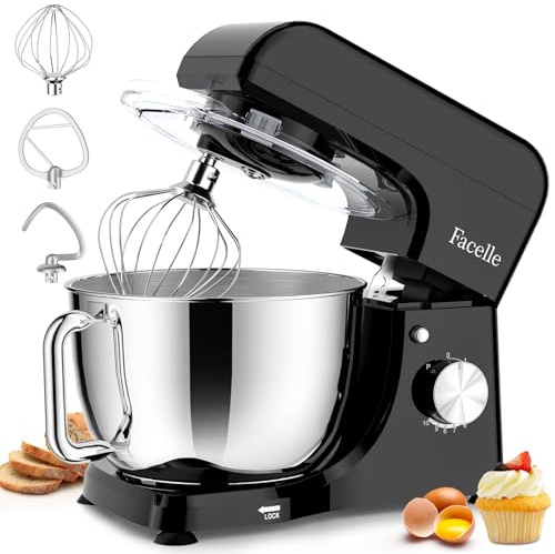 Facelle Stand Mixer, 1500W Electric Kitchen Mixer, 10 Speeds Food Mixer with Pulse, Attachments include 5.5L Stainless Steel Bowl, Dishwasher Dough Hook, Whisk, and Beater for Baking - Black