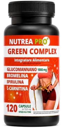 NUTREAPRO® Green Complex | Formula Completa con Glucomannano 1000mg,Tè Verde,Caffè Verde,Spirulina e Bromelina forte | Con Vitamine B | 120 Cps Made in Italy