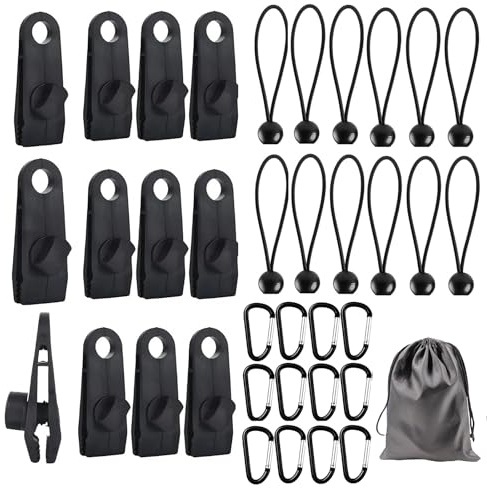 37 Pezzi Occhiello per Tenda da Sole, Clip per Telo Ombreggiante, Set Clip per Teloni con Moschettone, Corde in Nylon e Custodia per Campeggio, Tende da Sole, Baldacchini