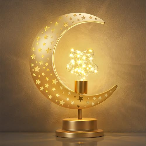 Luxspire Mondlampe, Mondsichel&Stern Ramadan Dekorationen für Zuhause, Eid Mubarak Dekor Batteriebetriebene Ramadan Lichter,Marokkanische Tischlampe Geschenk für Party Schlafzimmer, Mond+Sterne