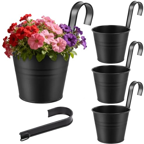 CITÉTOILE 4er-Set Hängeblumentöpfe aus verzinktem Eisen, Blumenampel mit abnehmbarem Griff & Wasserablauf, 13cm Durchmesser für Balkon, Terrasse, Garten, Modell-01