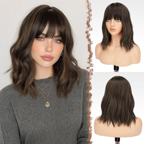 FESHFEN Wellig Bob Perücke mit Pony, Braun mit Highlights Schulterlänge Perücken für Damen Frauen Synthetik Kunsthaar Wavy Haarperücke für Damen Alltag Karneval Fasching 35cm