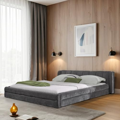 dowowdo 160x200 cm Polsterbett Doppelbett mit Kopfteil, großes Bett niedriges Design Chenille Bezug, Eukalyptus Metall Gestell, Dunkelgrau, ohne Matratze