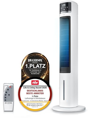 Brandson – mobiler Luftkühler mit Wasserkühlung im ECO Design - DC Motor sehr leise - 60% Energieeinsparung - Sieger Ventilatoren und Luftkühler 2026 - Turmventilator – Oszillation – Ion Funktion