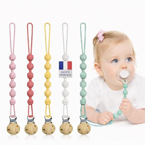 Attache Tetine (5 Couleurs) Attache Sucette [Société Française] | Accroche Tétine Bebe - Cordon En Silicone de Haute Qualité Testé & Approuvé (Rose/Rose Foncé/Jaune/Blanc/Vert)
