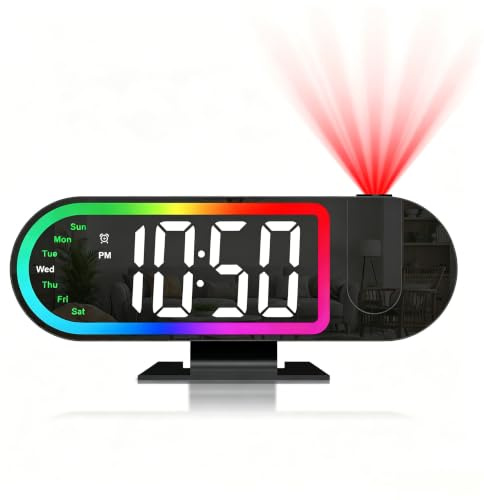 Ankilo Projektionswecker für Wohnzimmer, 8,5 LED-Display Digitaler Wecker | mit Projektion 180°, 4 Helligkeitsstufen, 17 RGB-Nachtlicht, Schlummerfunktion, LED-Anzeigen für den Wochentag