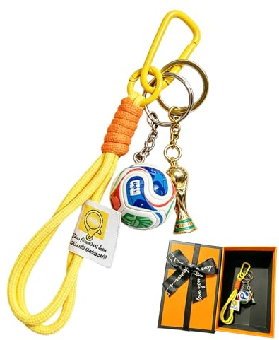 2026 WM Schlüsselanhänger Fussball 3 in 1 Fußball Schlüsselanhänger Pokal Anhänger mit Schlüsselband & Geschenkbox WM-Fußball Fan Souvenir Anhänger Kit für Sportartikel, Rucksackanhänger (Gelb)