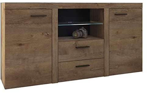 Mirjan24 Kommode Rango mit Glasboden, Highboard Sideboard, Anrichte, Naturtöne, Mehrzweckschrank, Wohnzimmerschrank, Anrichte, Schrank (ohne Beleuchtung, Lefkas Eiche)