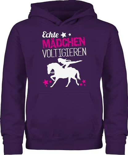 Kinder Hoodie Jungen - Pferd Pferde - Echte Mädchen voltigieren - 140 (9/11 Jahre) - Lila - pferdepulli pferdepullover reiten volti pullover reitersachen reithoodies pferdeliebhaber horses pulli