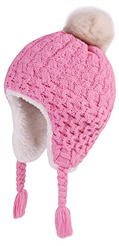 LANGZHEN Kleinkind Kinder Winter Hut, Earflap Strick Warm Cap Fleece gefütterte Mütze für Baby Mädchen (Pfirsich, 2-4 T)