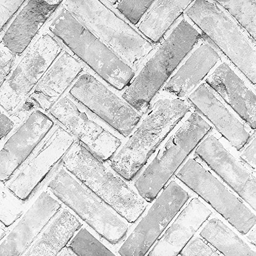 Herringbone Brick Wallpaper Grey White Stone Slate Industrial 3D Effect Tex