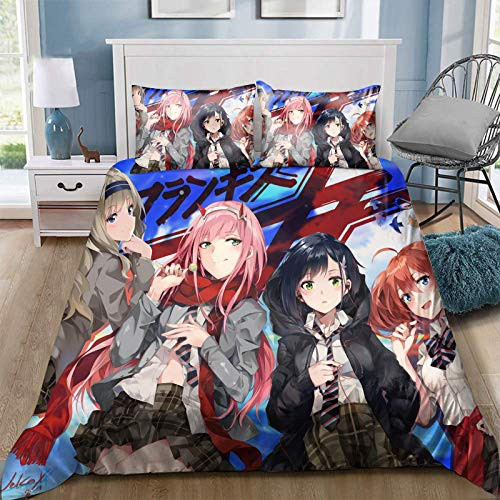 Xinchangda Bettwäsche-Set Darling In The FranXX, 3-teilig, Zero Two, Decke, Anime, Einzelbett/Doppelbett/Kingsize, Set mit Kissenbezug und Bettbezug, Bettwäsche, mit 1 Bettbezug, 2 Kissenbezügen