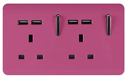 Trendi 2 Gang Artistic Modern Glossy Screwless Raised 13 Amp 240v Short 4 USB Type A Charging Points Double Chrome Switched Electrical Wall Plug Socket Candy Pink - ART-SKT213USBPK