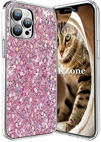 OKZone Funda para iPhone 12/12 Pro (6,1 Pulgadas) Carcasa Purpurina [con Protector Pantalla], Cárcasa Brilla Glitter Brillante TPU Silicona Teléfono Smartphone Funda Móvil Case (Rosado)