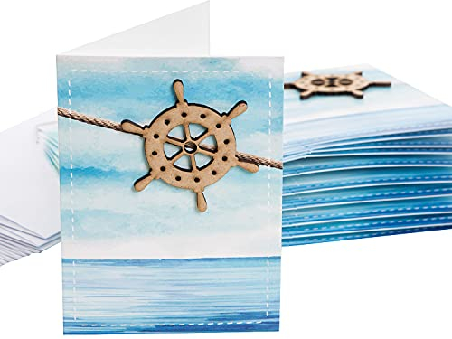 Logbuch-Verlag 10 Grußkarten mit Steuerrad aus Holz - Klappkarten ohne Text - maritimes Motiv Meer Ozean für Hochzeit & Geburtstag