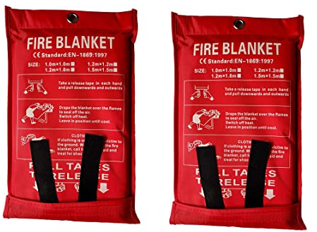 Toneeko 2 STÜCKE Große Feuerlöschdecken, flammhemmender Schutz und Wärmedämmung für Küche, Kamin, Grill, Auto, Camping (2.0 x 2.0m)