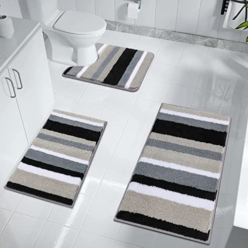 Pauwer Lot de 3 tapis de bain et tapis de bain doux en microfibre antidérapant, absorbant l'eau, lavable en machine, pour douche, baignoire et WC (noir)