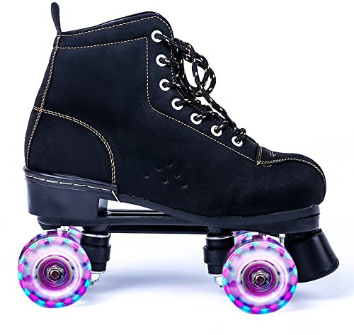 XVBVS Klassische Rollschuhe für Erwachsene Kinder, Zweireihige Sportrollschuhe, High-Top-Leder-Quad-Skating-Schuhe für Anfänger Damen Herren Indoor Outdoor (45,LED)