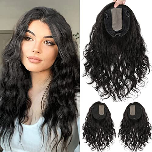 Eree Hair 16 Gewelltes Lockiges Haarteil Remy Echthaar Topper Clip in Haarverlängerungen 13x13cm Nahtlose Seidenbasis Wiglet Haarteil für Frauen mit dünner werdendem Haar Mittelteil(Schwarz)