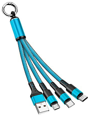 Zigmoon hair AOYIY Multi Charger Cable 15CM, 3-in-1 Short USB Fast Charging Cable Keychain with iP/Micro/USB Type C Connector for Cell Phones, Tablets and More (Blue)