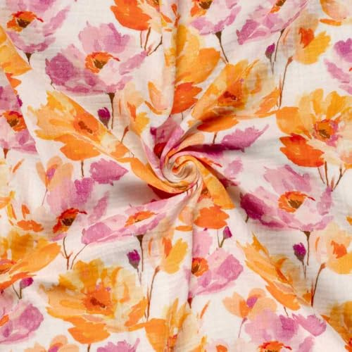Double Gauze Baumwollstoff Blumen Rosa als Meterware zum Nähen, 50 cm