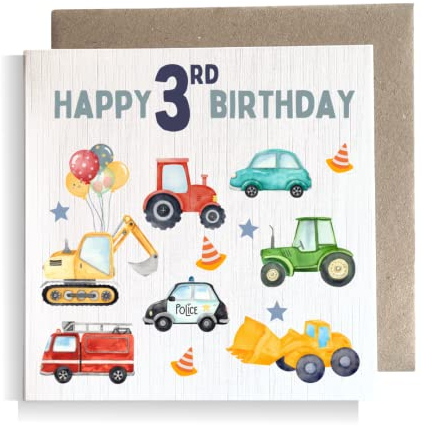 Second Ave 3. Geburtstagskarte für Kinder, Baby-Traktor, quadratisch, für Jungen oder Mädchen