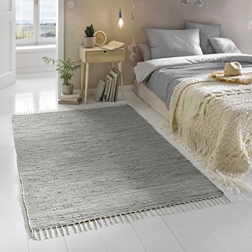 TacaHome Flicken-Teppich 100% Baumwolle I Waschbarer Fleckerl mit Fransen I Esszimmer Küche Badezimmer Wohnzimmer Kinderzimmer | 90 x 160 cm Grau