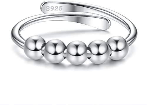 Chriscoco Anxiety Ring Silber 925 Damen Spinner Ring Fidget Ring mit Perlen Band Ring Anti Stress Ring Silber Verstellbare Angst Ring für Mädchen Herren