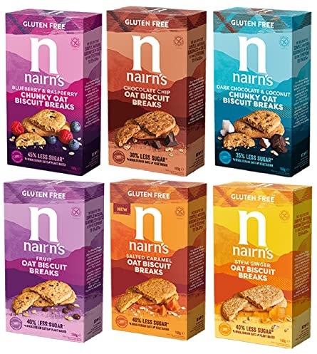 Nairn's Oat Biscuit Breaks - Gluten Free Variety Pack - Healthy Snacks - Biscuits, Chunky Oat Bisc.: Choc Chip, Stem Ginger, Fruit, Caramelised Bisc., Dark Choc Coconut, Blueberry & Raspberry - 6 Pack
